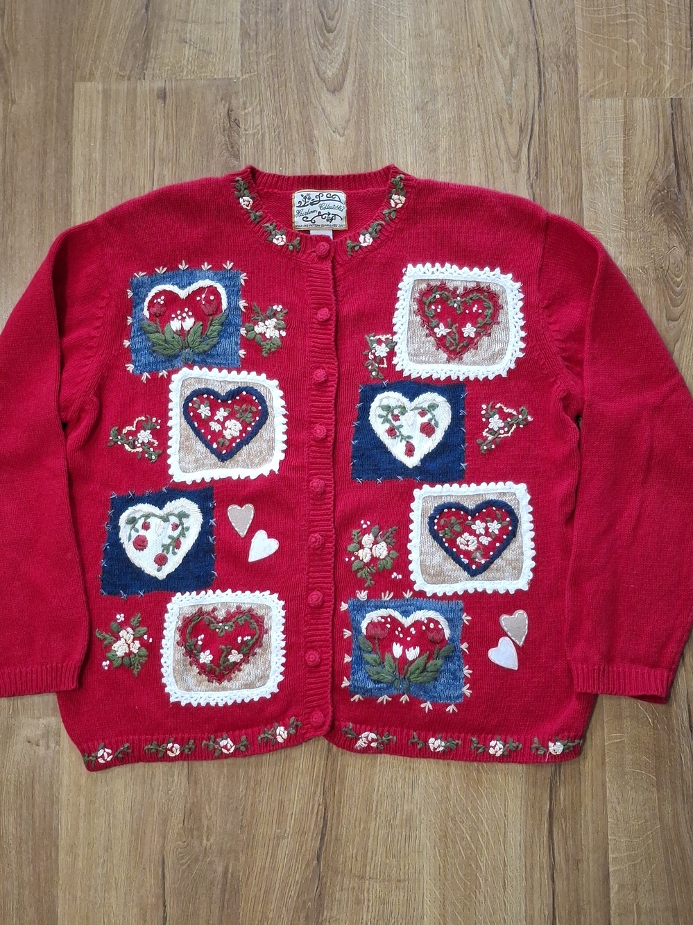 Vtg Heirloom Collectibles Womens Sweater Red Heart Applique Cardigan Rare Size L